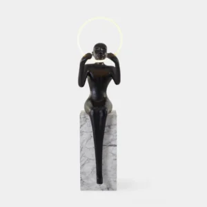 Bella sculptural halo floor lamp with matte black finish and LED ring light, front view on white studio background