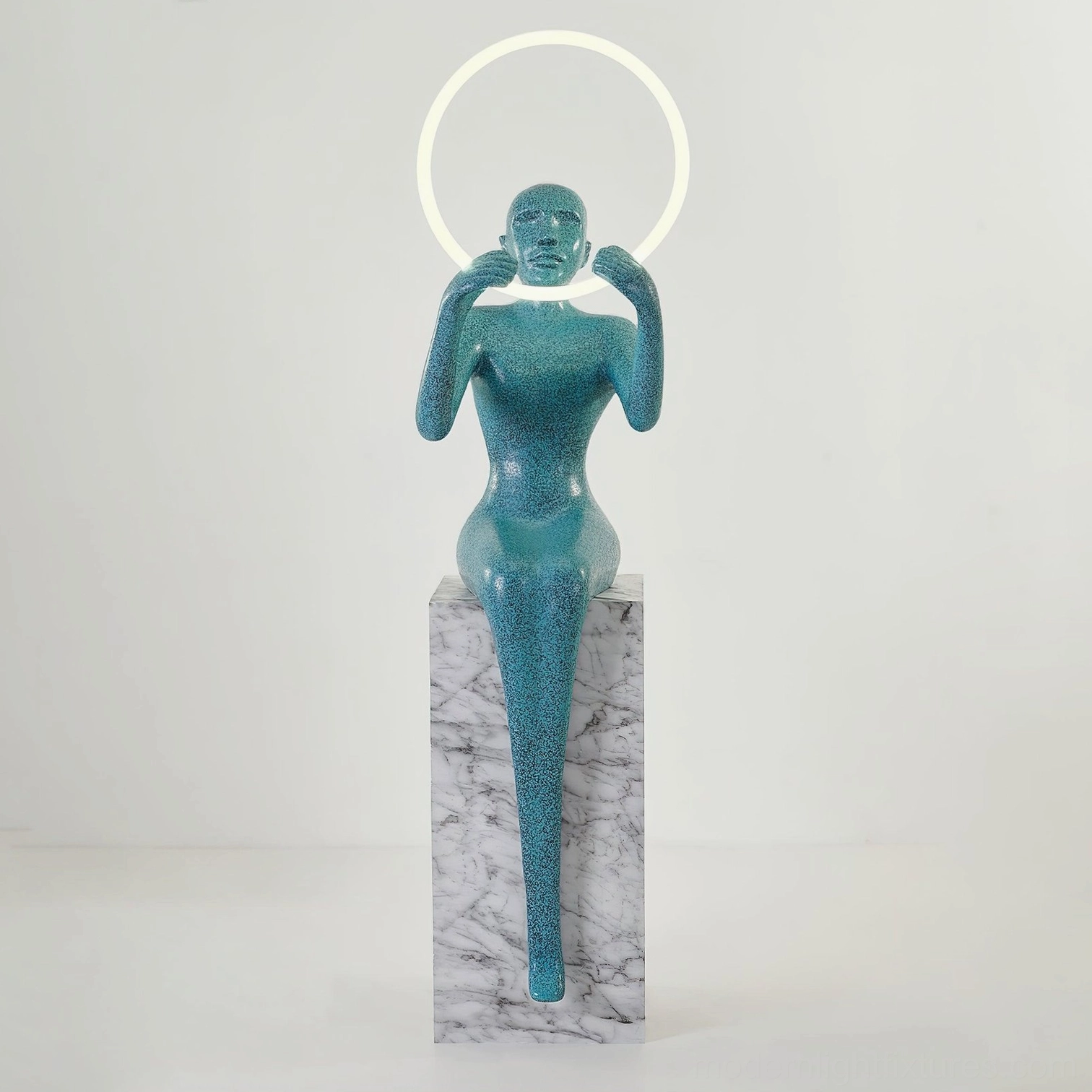 Bella halo floor lamp in blue finish with LED ring light and marble pedestal side view
