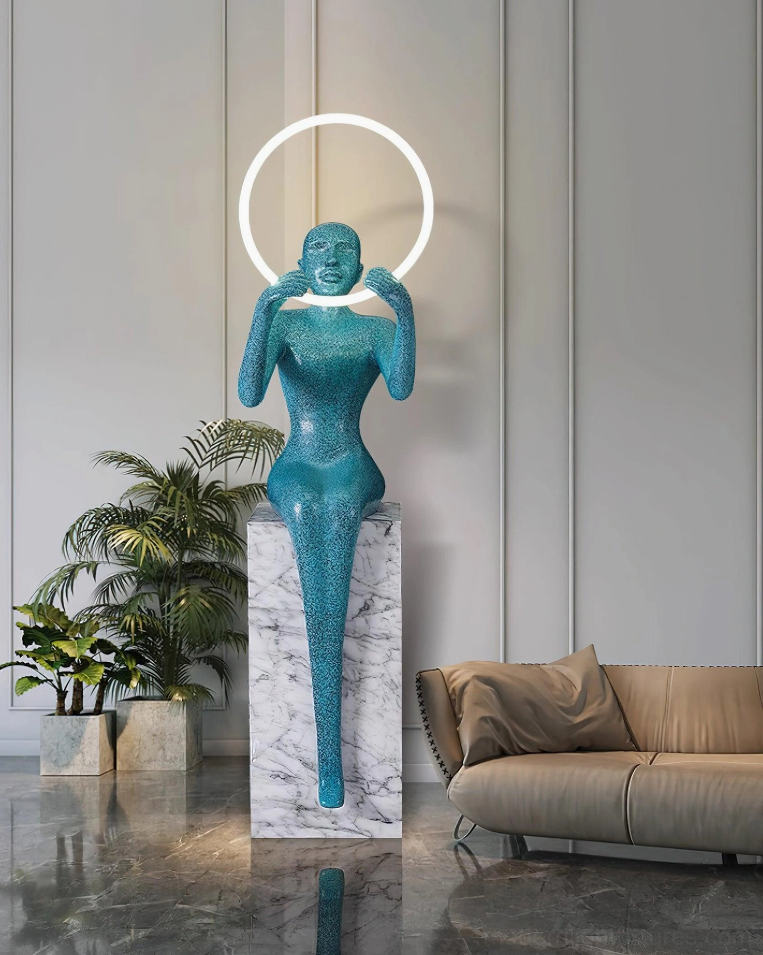 Bella modern halo floor lamp with premium resin construction and acrylic LED ring showcasing craftsmanship