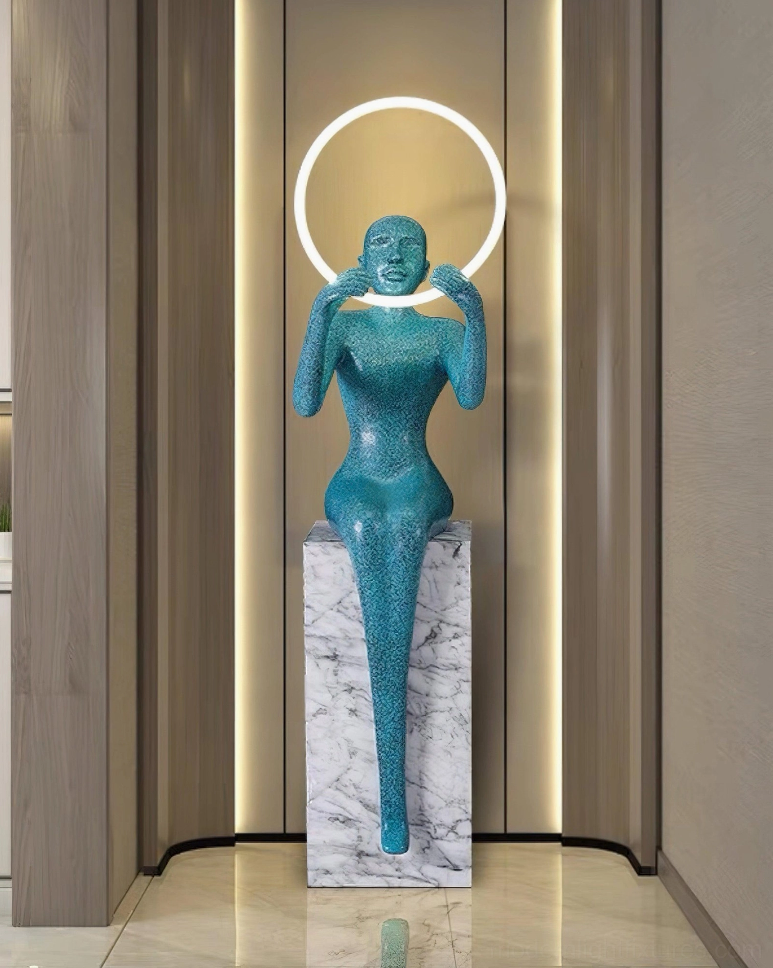 Teal blue Bella halo floor lamp with LED ring light and marble pedestal in wood-paneled luxury lobby