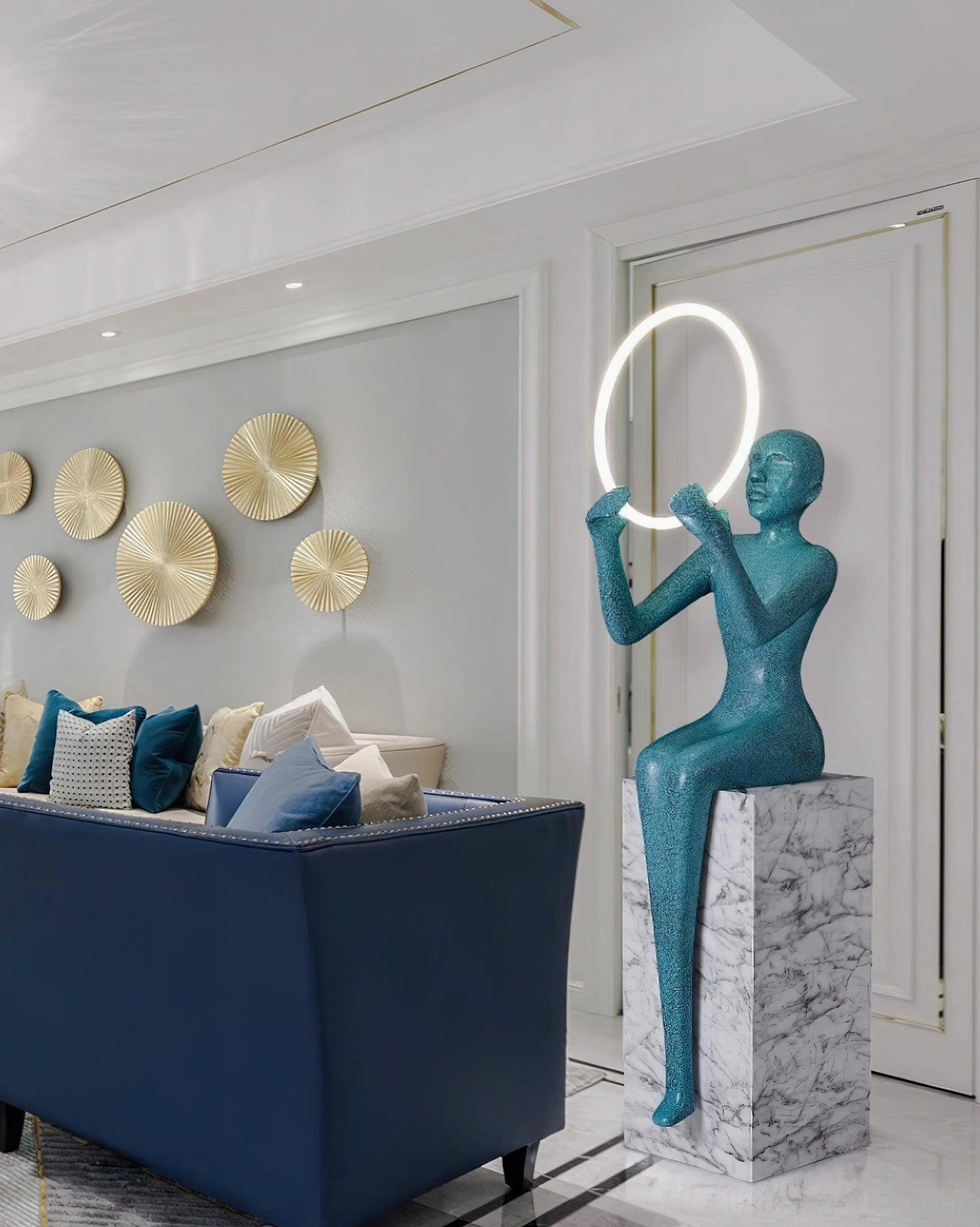 Bella sculptural floor lamp with warm white 3000K LED halo creating intimate lighting ambiance