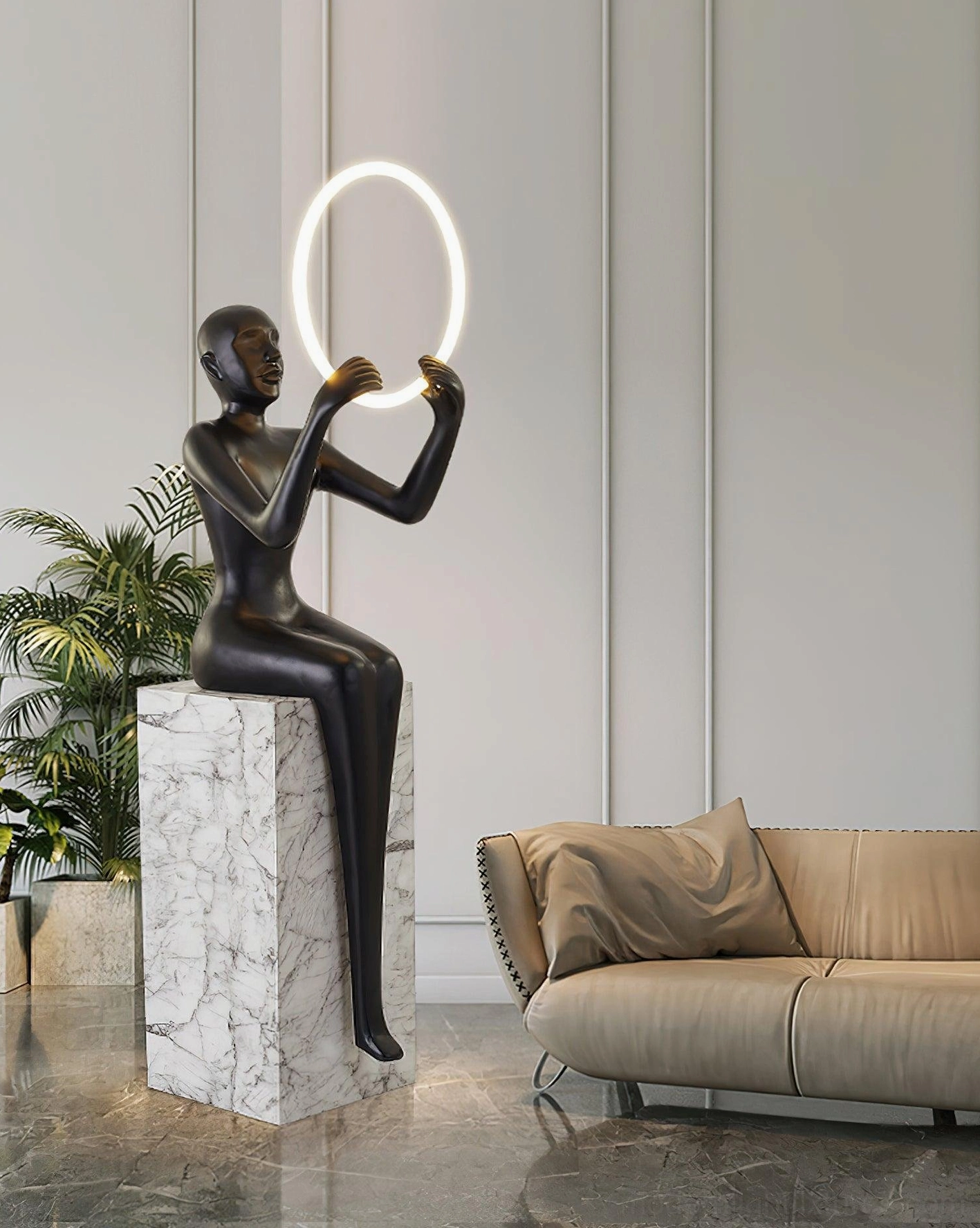 Bella halo floor lamp in minimalist living room with warm LED light creating ambient atmosphere