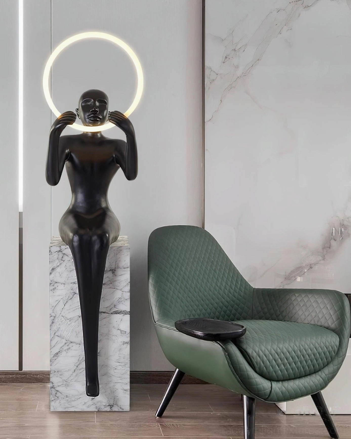 Teal blue Bella halo floor lamp with LED ring light positioned in contemporary interior design