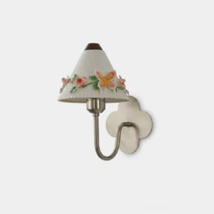 Bellafleur floral ceramic wall sconce with pleated shade and hand-painted butterfly details, frontal studio view on white background