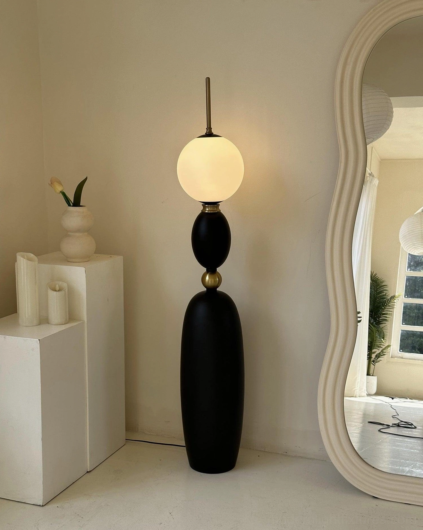Bellamy walnut and white floor lamp variant with elegant frosted glass shade detail