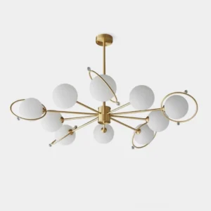Bellamy sputnik brass chandelier overhead view frosted white glass globes with brass rings