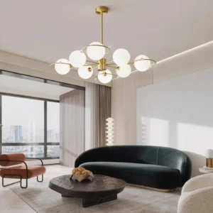 Bellamy modern brass sputnik chandelier installed in contemporary living room with warm lighting