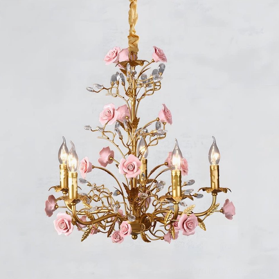 Bellara 5-head pink rose chandelier soft romantic lighting in classical bedroom interior