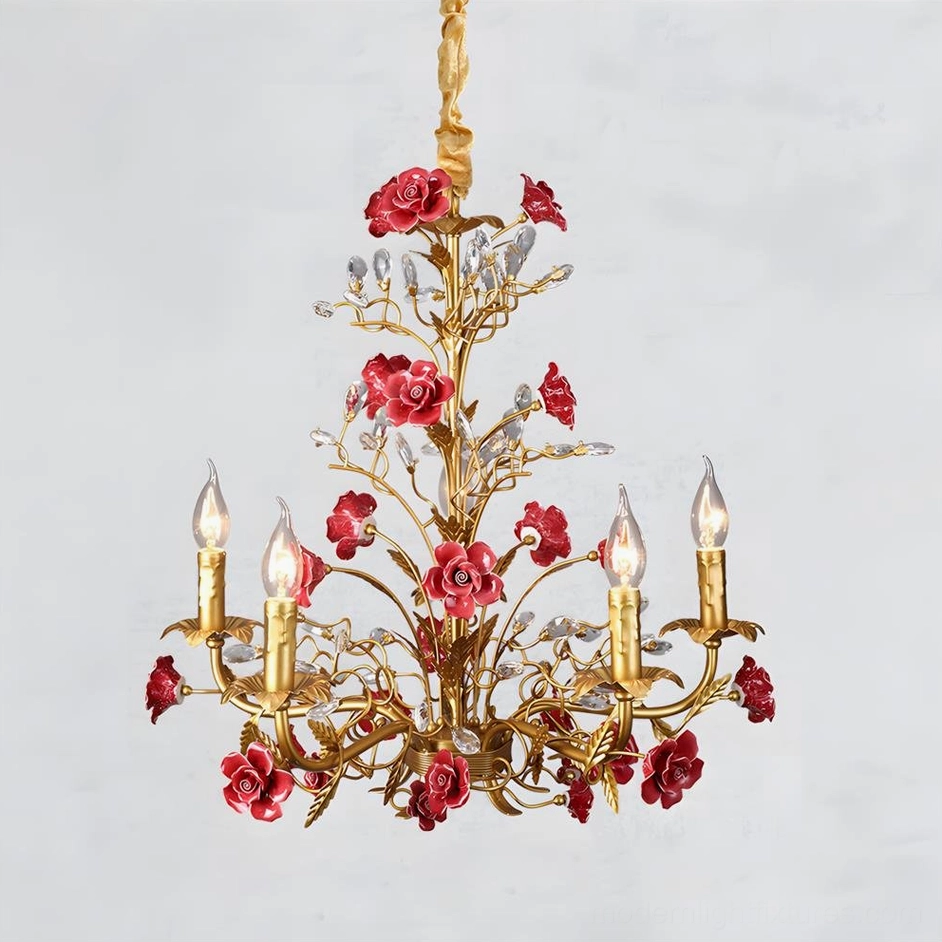 Bellara 5-head red rose chandelier in intimate dining nook traditional elegant decor