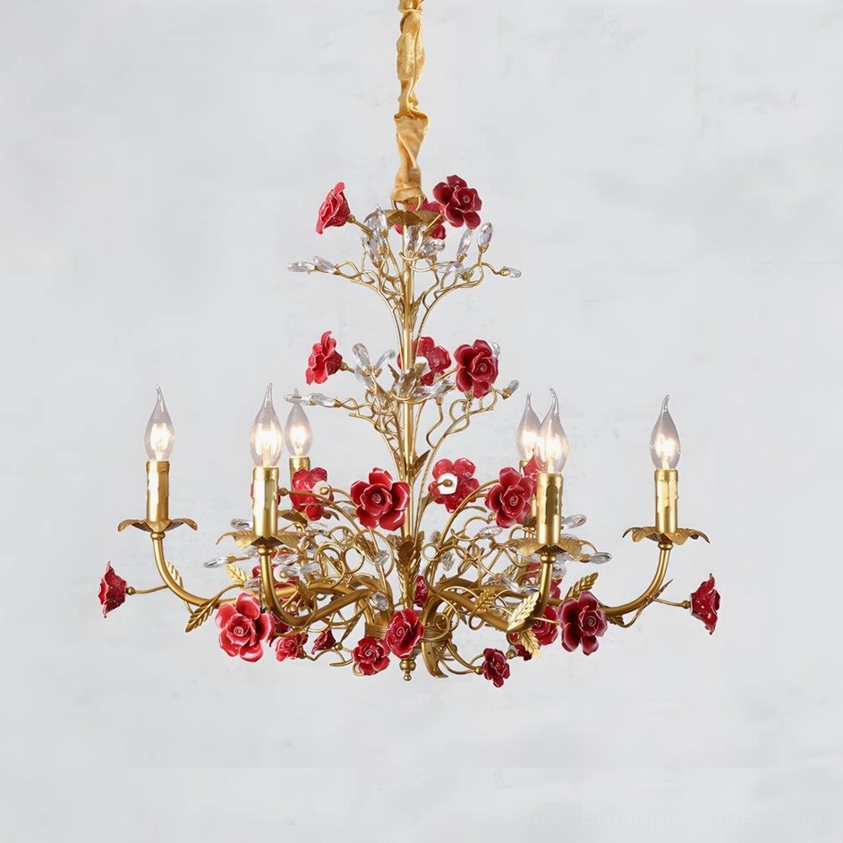 Bellara 6-head floral chandelier with pink roses in soft elegant interior lighting