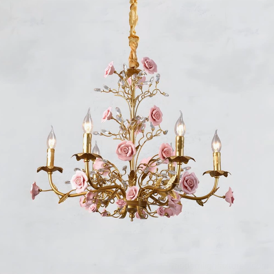 Bellara 6-head pink rose chandelier suspended in romantic classical sitting area