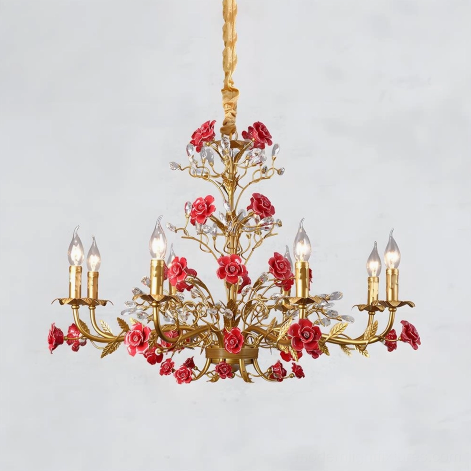 Bellara 8-head red rose chandelier in formal dining room setting with elegant table decor