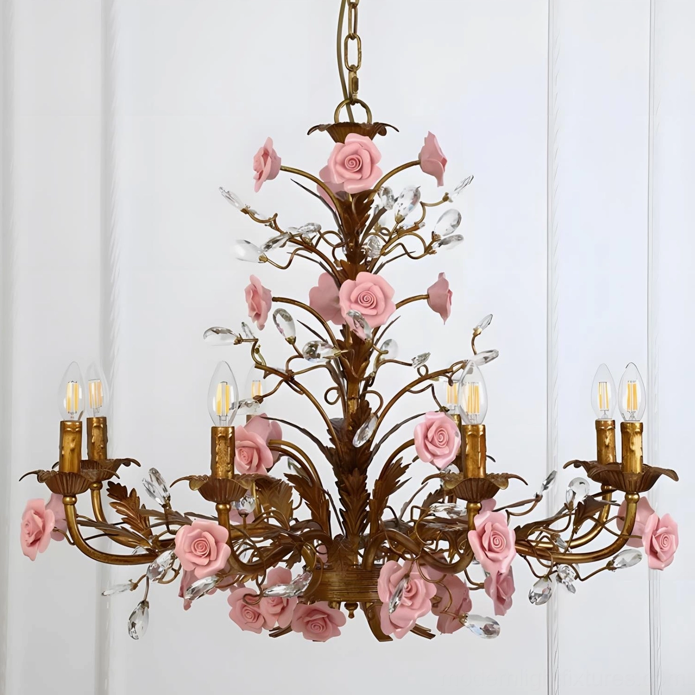 Bellara gold-tone floral chandelier with ceramic rose blooms and crystal leaf details