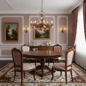 Bellara rose chandelier in elegant formal dining room with pink wall moldings and traditional round wooden table