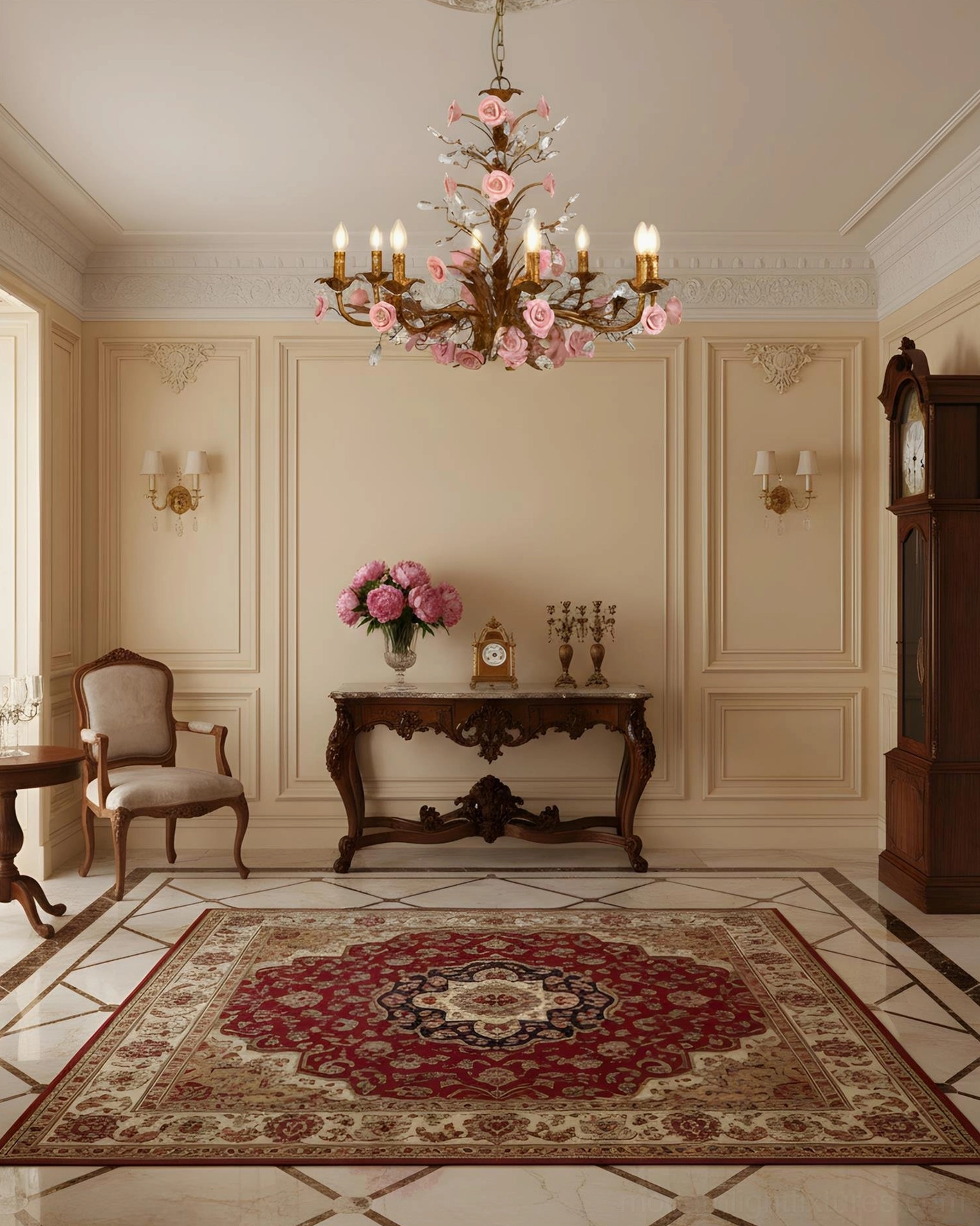 Bellara multi-head floral chandelier showing ornate gold framework and vine-like arms