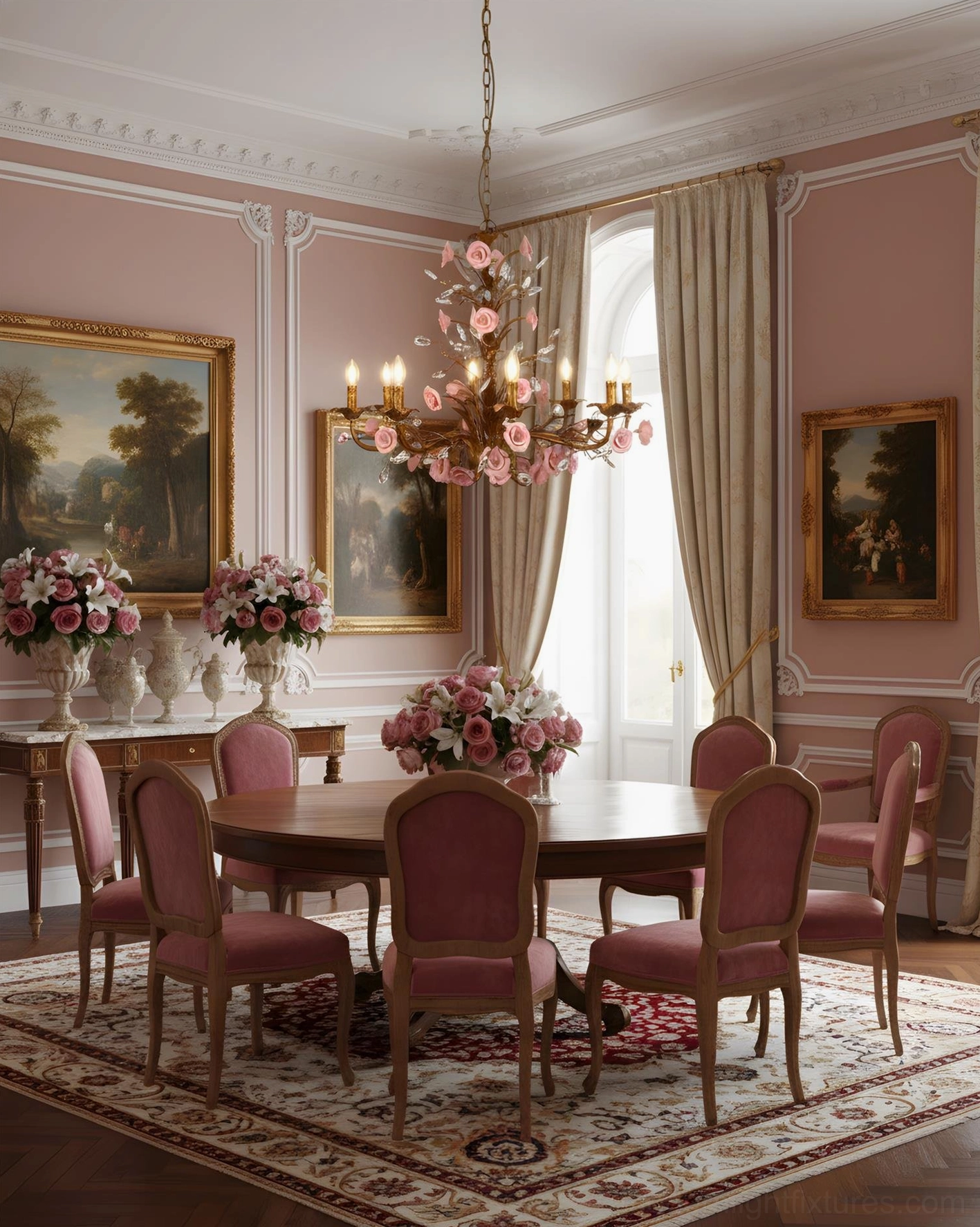 Bellara gold rose crystal chandelier close-up detail of ceramic flowers and crystal leaves