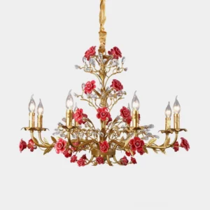 Bellara floral chandelier with red roses and gold metal frame, front view on white background