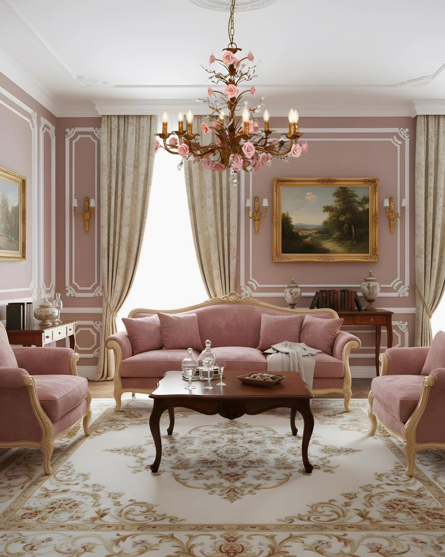 Pastel floral chandelier in classic elegant sitting room with pink sofa and traditional area rug