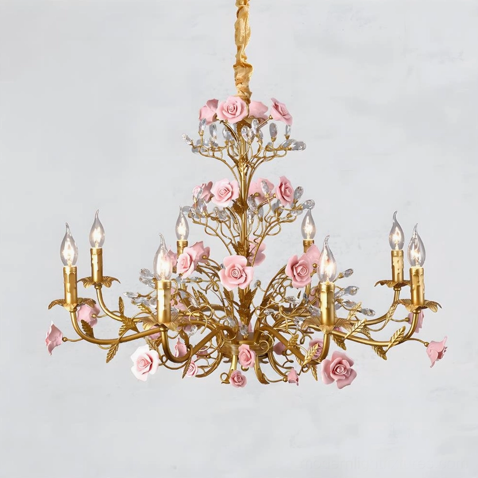 Bellara pink rose gold chandelier hanging in classical interior with traditional furnishings