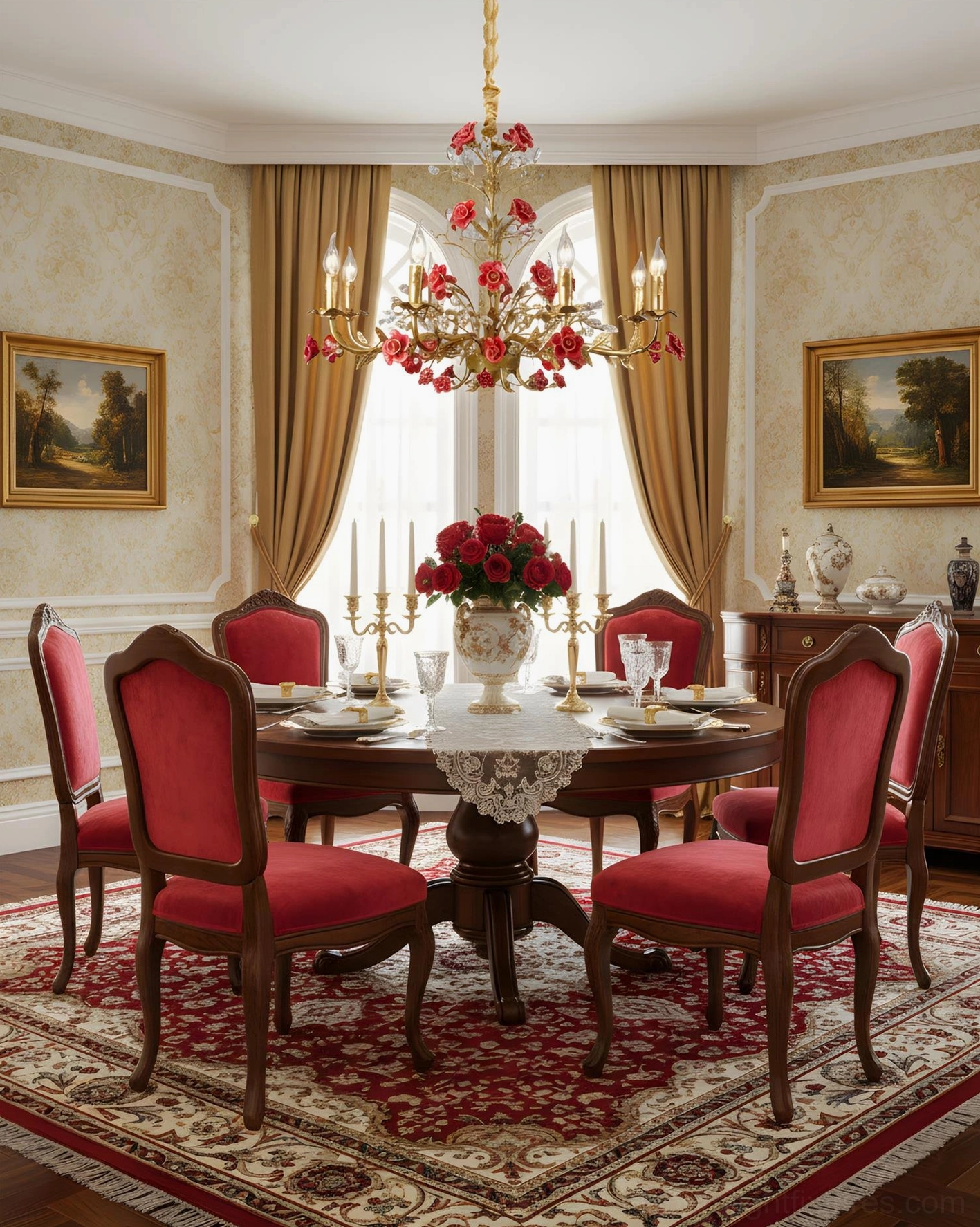 Red rose gilt chandelier in classic formal dining room with draped table and floral arrangement
