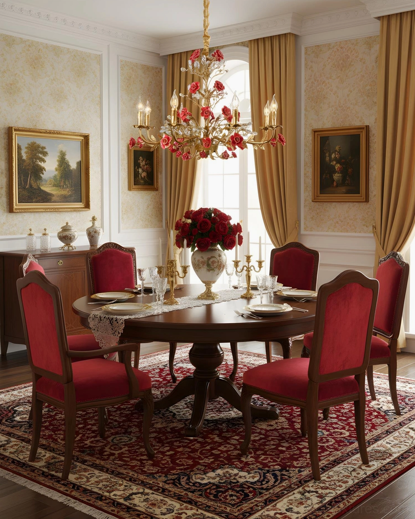 Red rose gilt chandelier in luxury vintage dining room with upholstered chairs and floral centerpiece