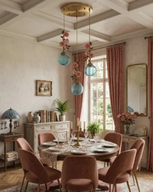 Blue glass floral chandelier installed in French formal dining room - romantic pendant light creating ambient glow above burgundy window drapes