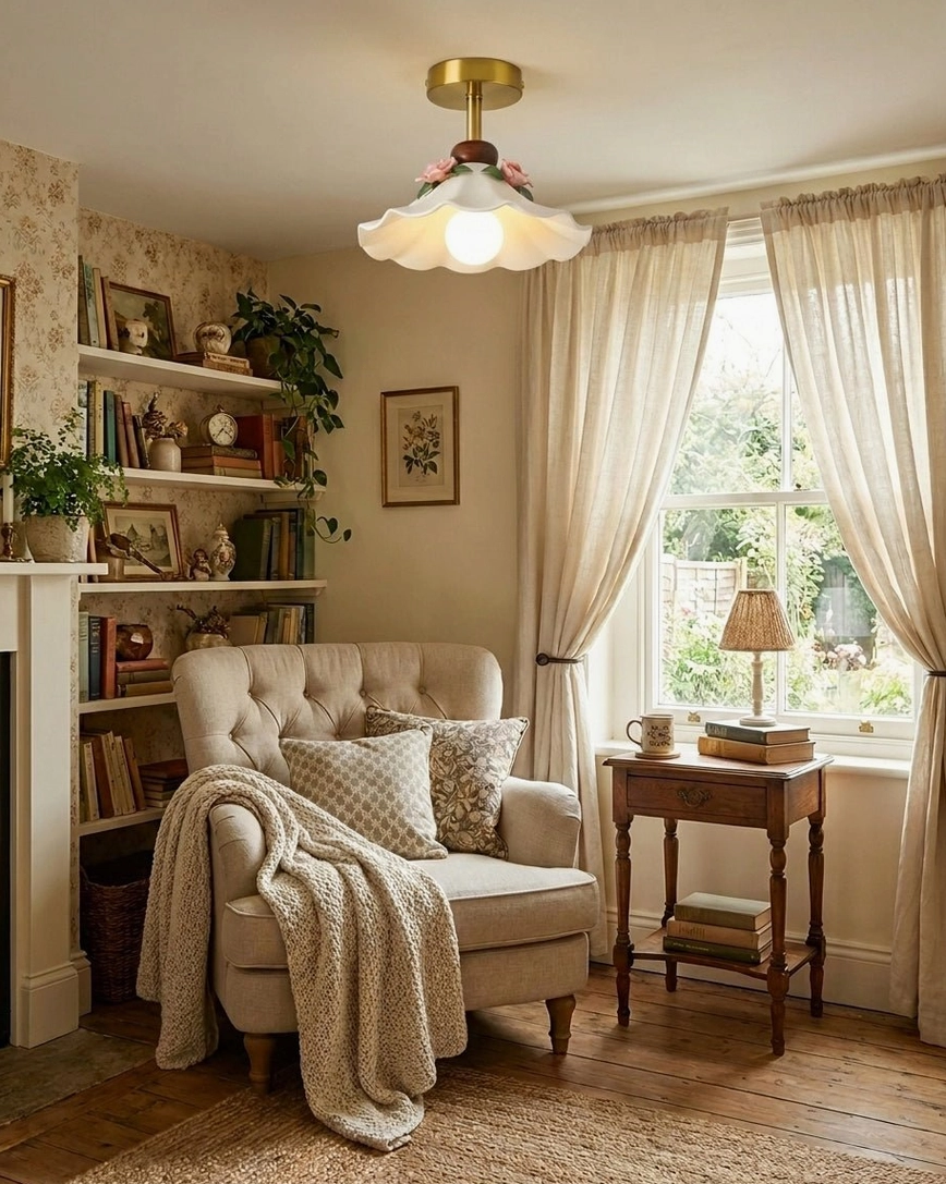 Bellarose semi-flush mount light in pastoral living room with botanical decor and vintage furnishings complementing the romantic ceramic design