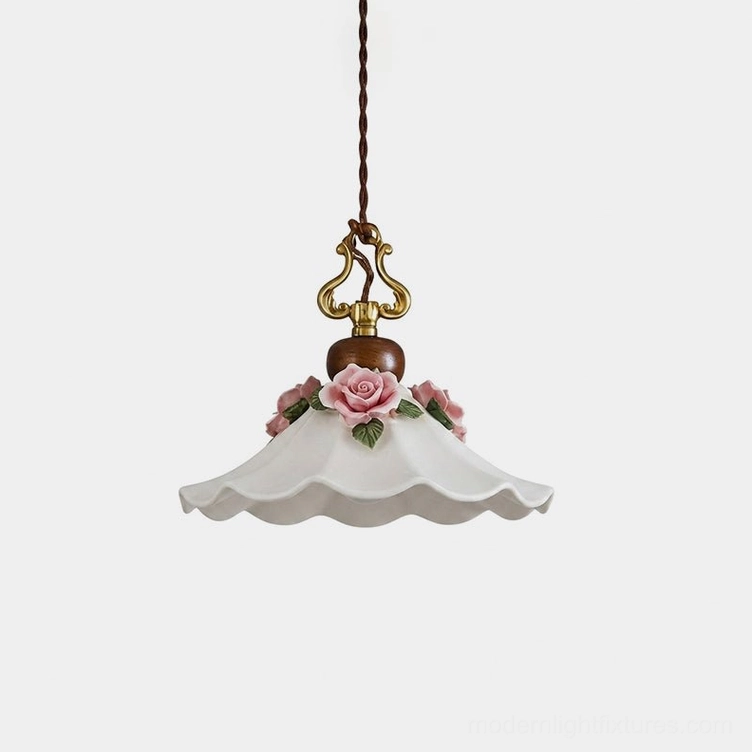Bellarose ceramic pendant light with pleated white shade and hand-applied pink rose accents, front studio view
