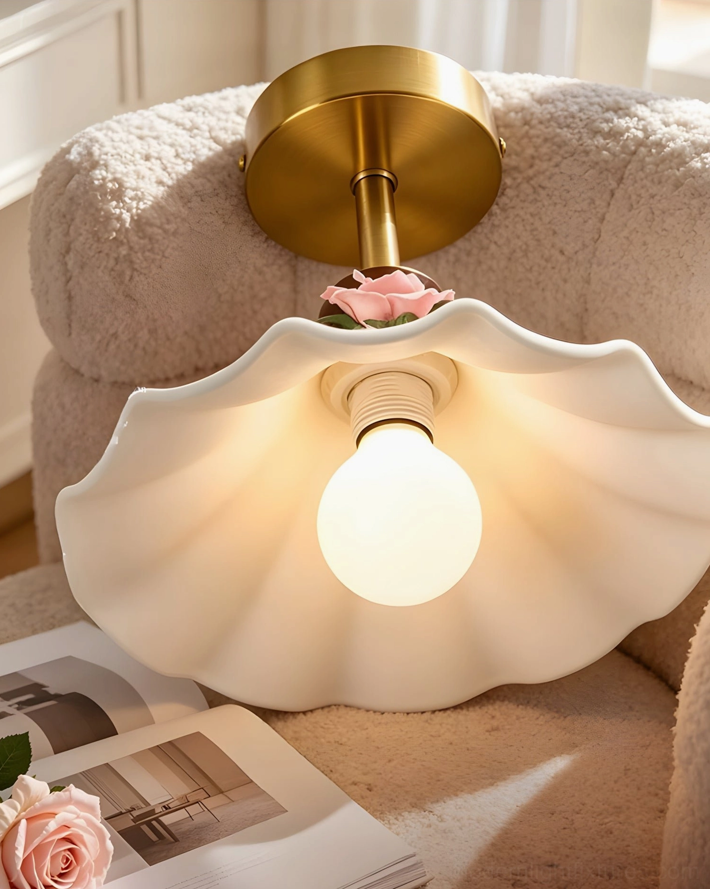 Bellarose semi-flush mount ceiling fixture close-up showing brushed brass canopy, exposed E27 bulb, and hand-applied porcelain rose details