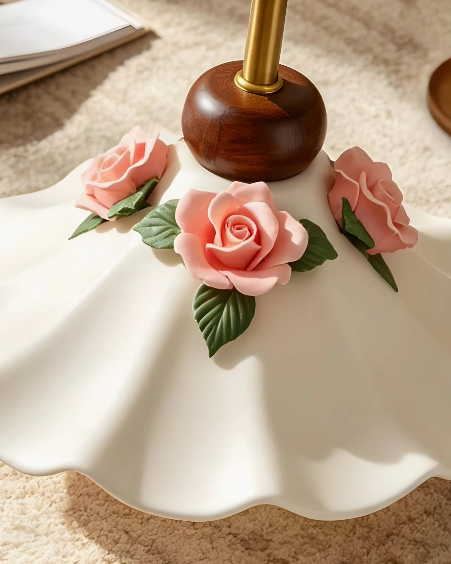 Bellarose coquette ceiling light fixture with hand-applied porcelain pink roses, white glazed ceramic shade, and stained ash-wood bead detail