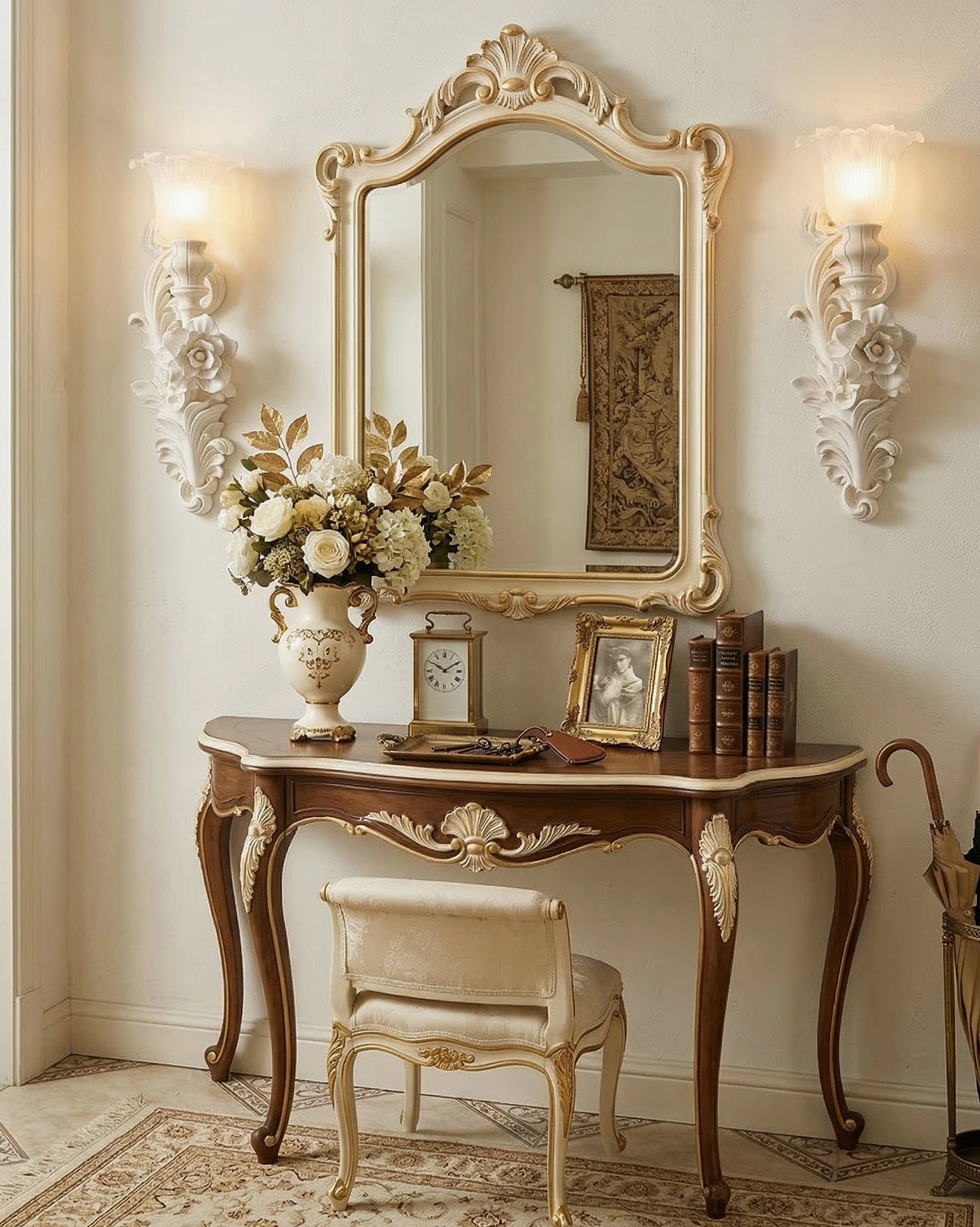 Dual-head Bellarose wall sconce in luxury vanity room with gold-framed mirror and wooden vanity table