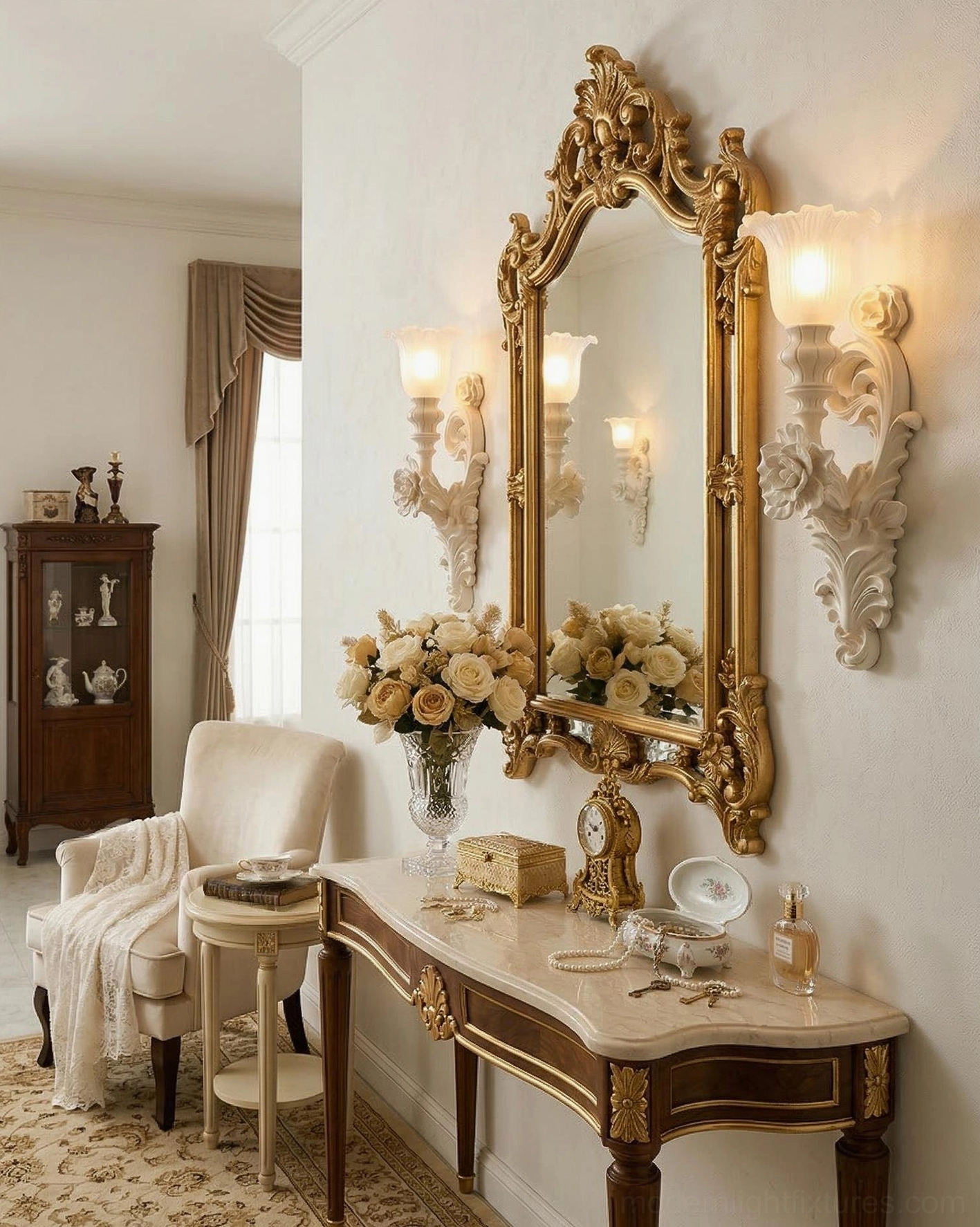 Dual-head Bellarose wall sconce mounted in luxury vintage foyer with gilded mirror and warm ambient lighting