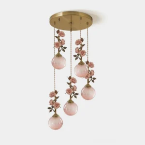 Bellarose floral glass chandelier with hand-sculpted ceramic roses and brass canopy on white background - romantic pendant light fixture
