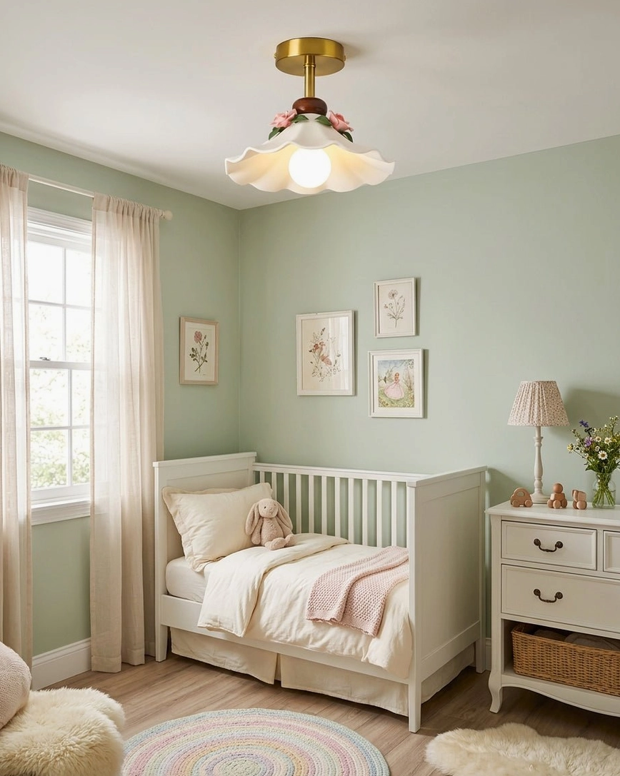 Bellarose cottagecore ceiling light installed in vintage bedroom with soft warm glow illuminating hand-applied porcelain floral details