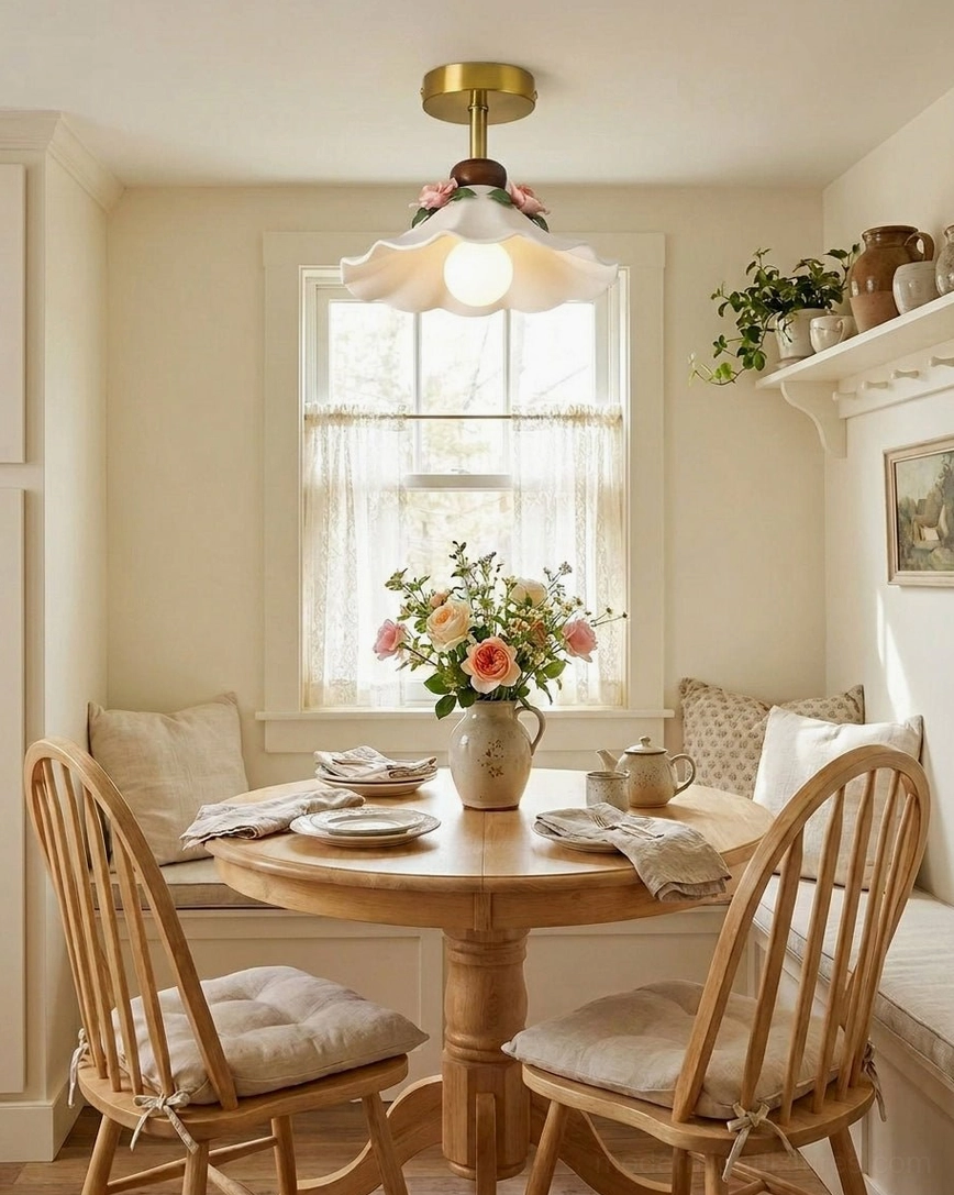 Bellarose flush mount ceiling fixture above wooden dining table in farmhouse dining nook with warm ambient lighting from ceramic shade