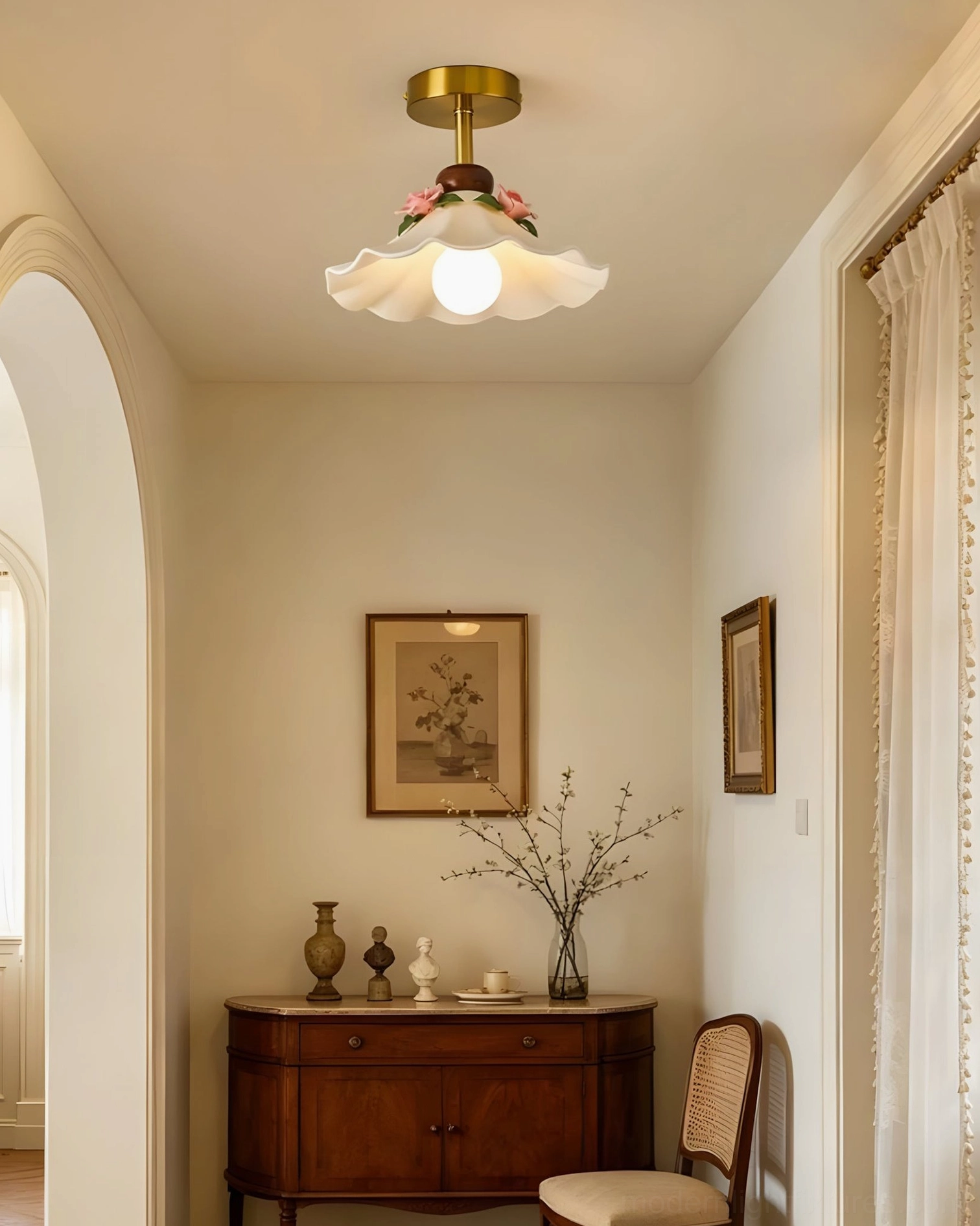 Bellarose flush mount light in farmhouse entryway hallway creating gentle ambient glow with scalloped ceramic shade and brass canopy