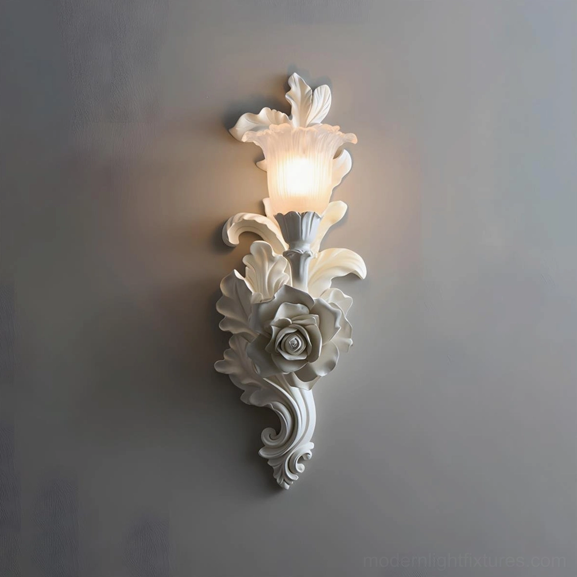 Model A Bellarose ornate white wall sconce W 7.8 inches x H 23.6 inches on display