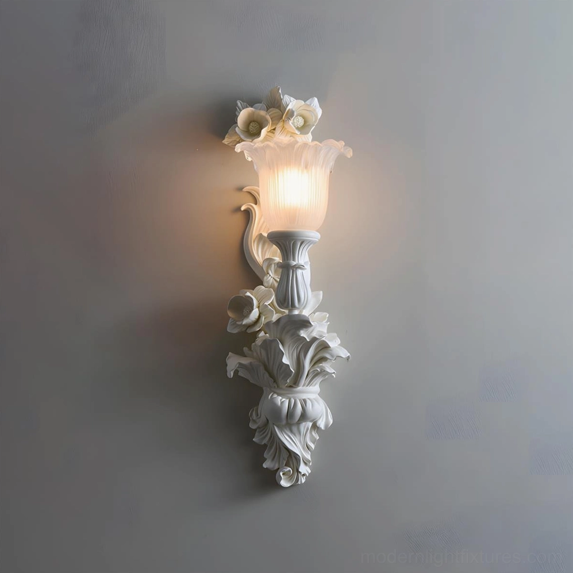 Model C Bellarose white wall sconce W 6.3 inches x H 21.6 inches sculptural floral design