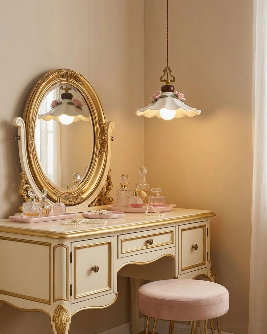 Bellarose pendant light installed above vintage vanity in French-style bedroom corner with warm lighting