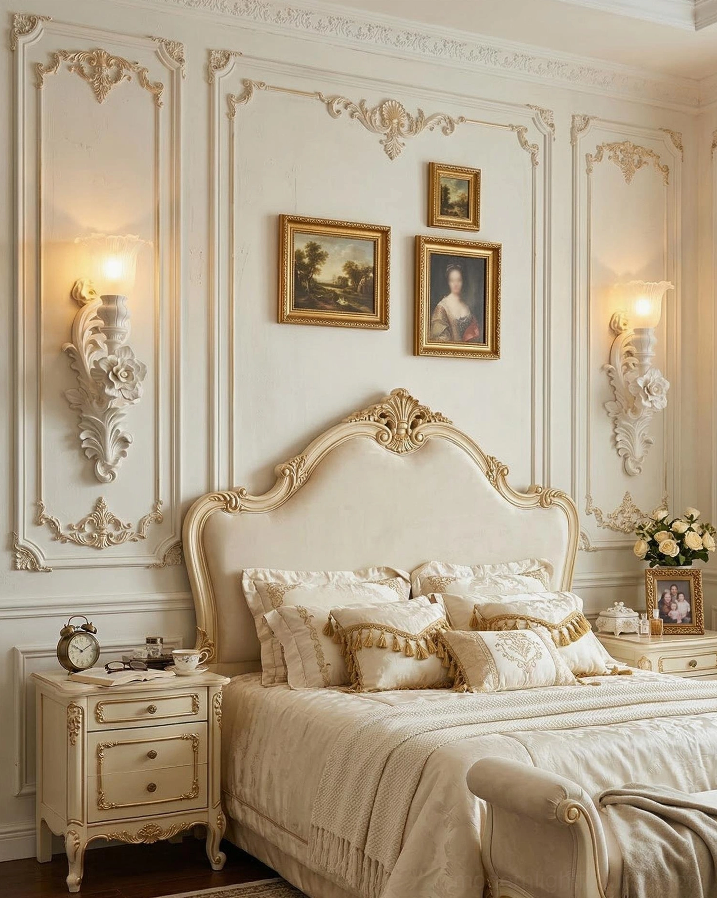 Single Bellarose wall sconce on paneled accent wall in classic luxury master bedroom