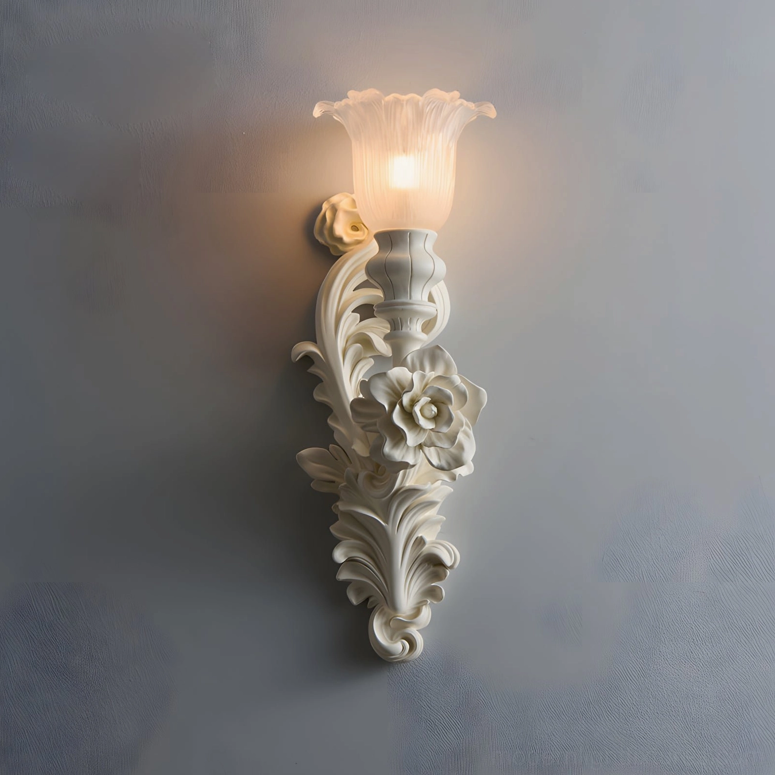 Bellarose white wall sconce with frosted glass diffuser casting warm ambient light