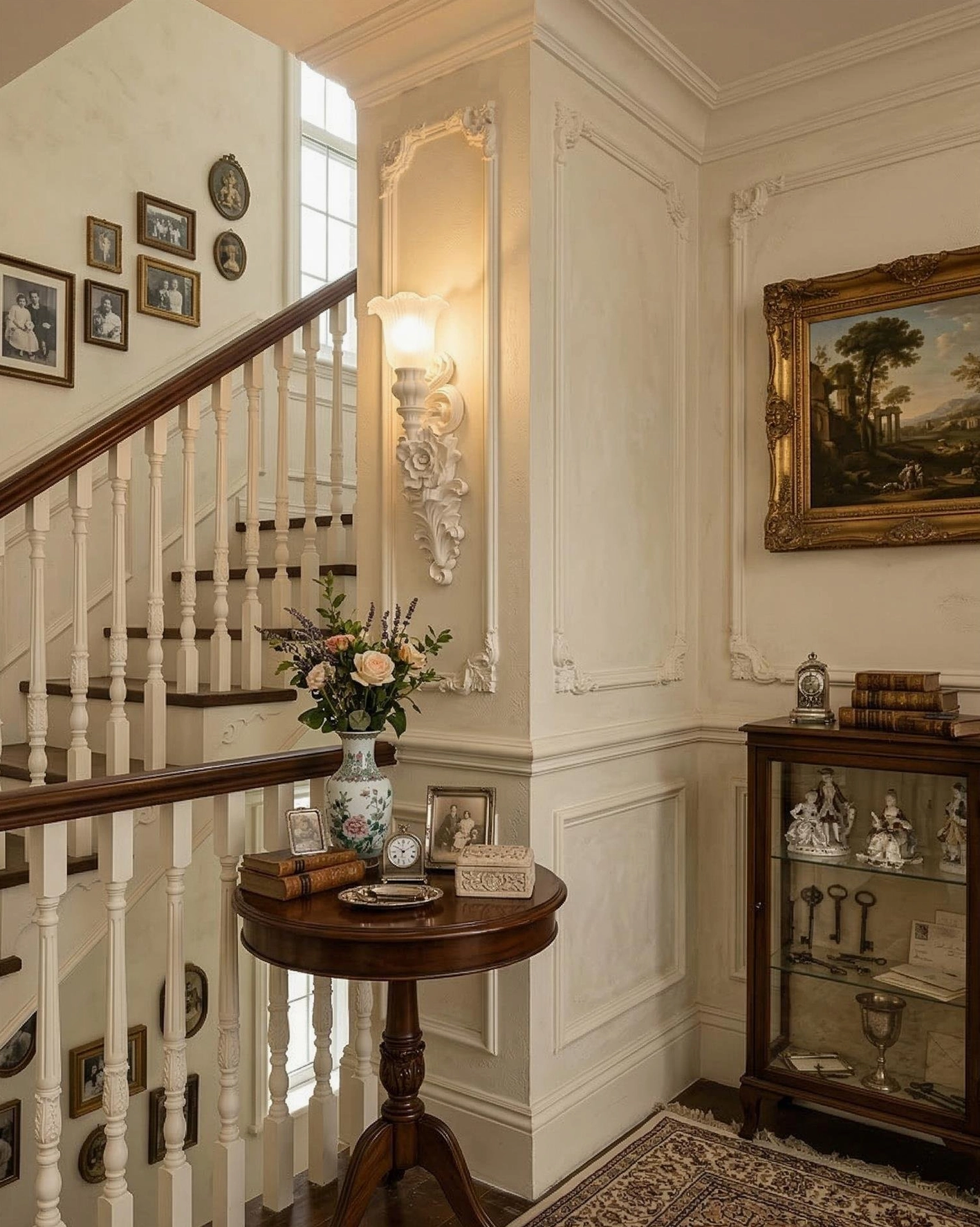 Bellarose ornate wall sconce illuminated on staircase hallway with warm glowing light on paneled white wall