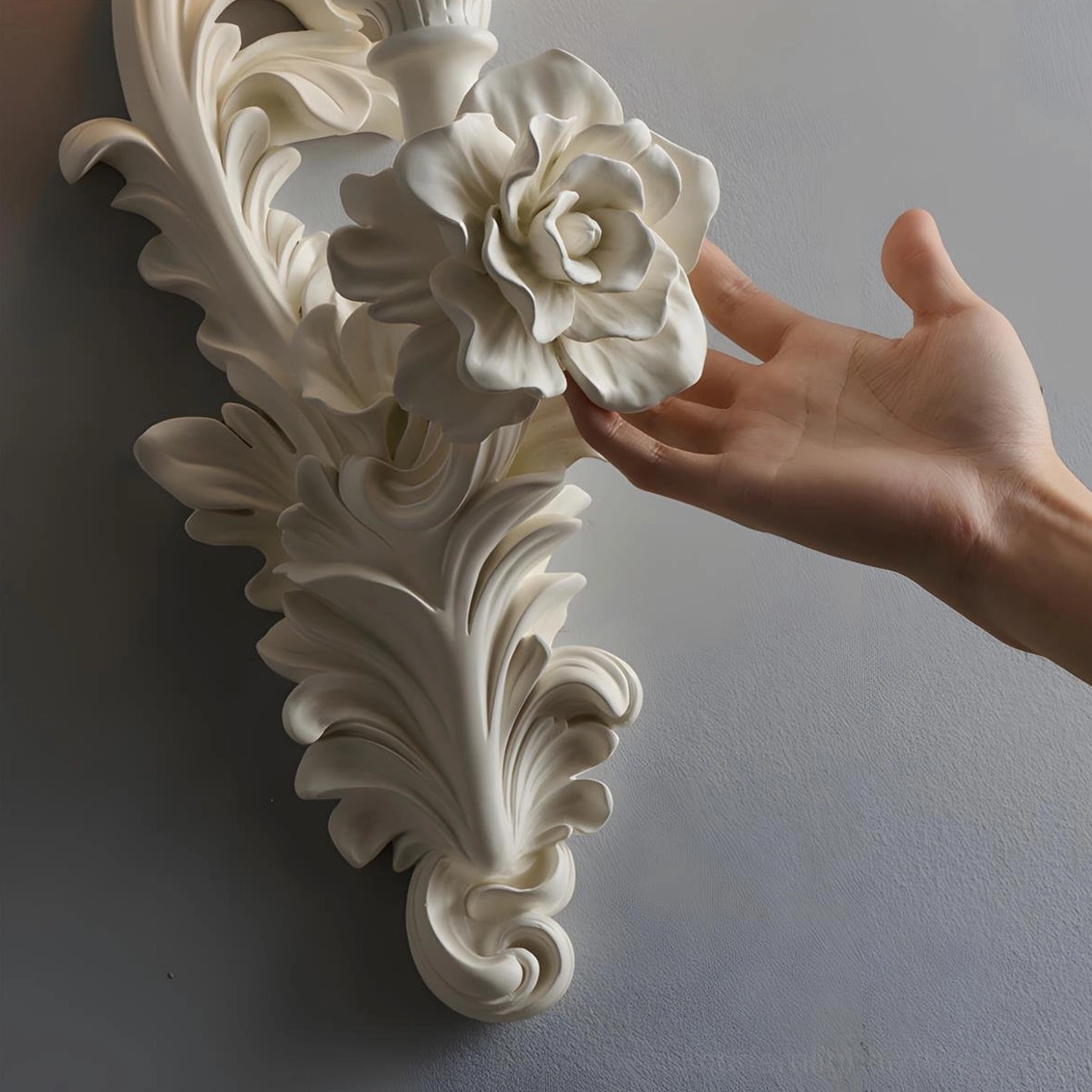 Bellarose wall sconce botanical plaster sculpture with frosted glass shade detail view
