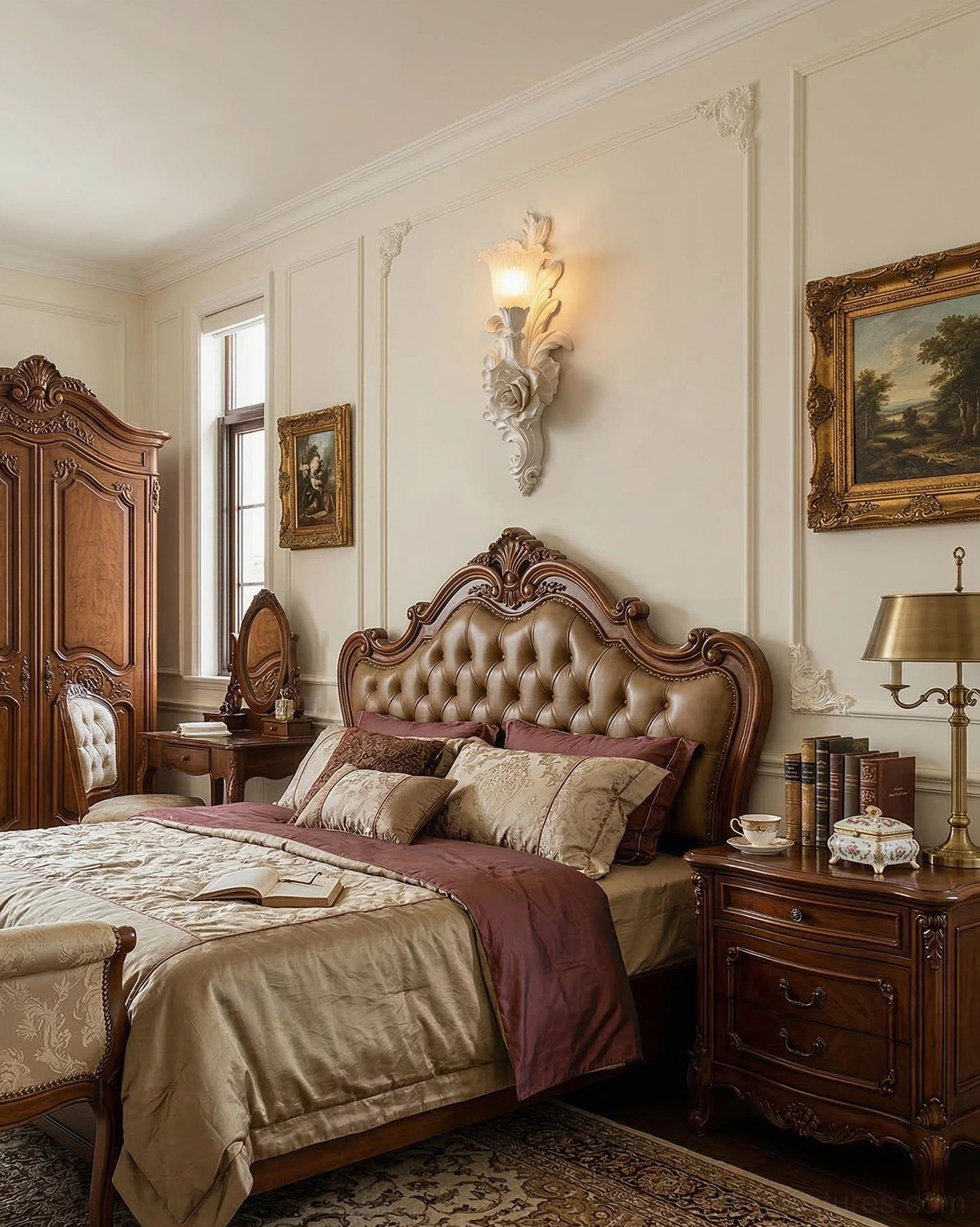 Single Bellarose wall sconce mounted on paneled accent wall in classic vintage master bedroom setting