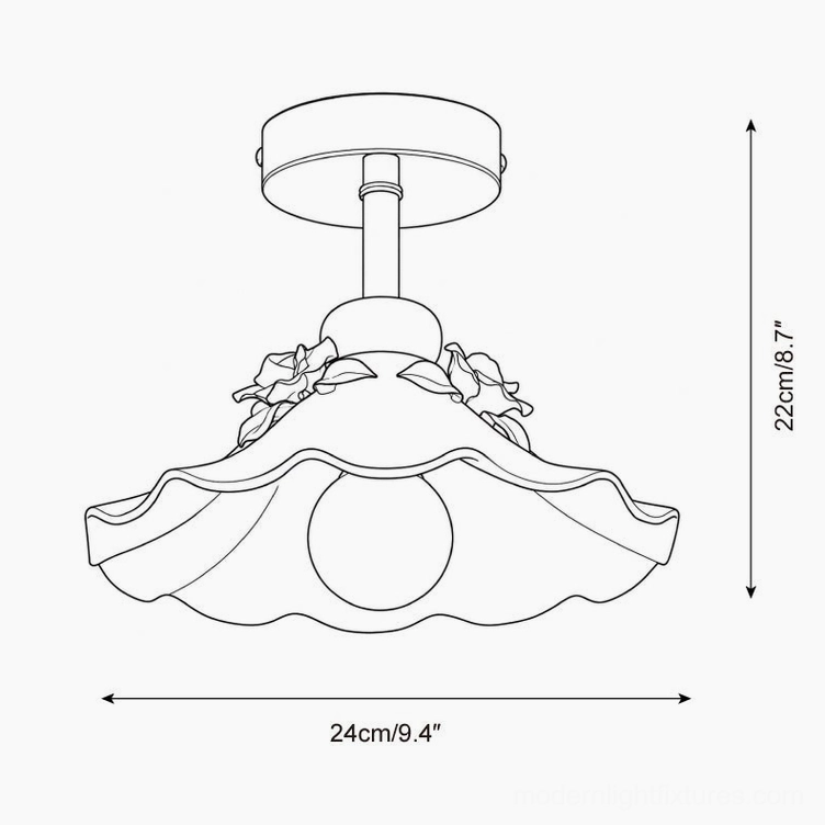 Bellarose technical specification drawing showing 24cm diameter and 22cm height with scalloped petal-edge shade and hand-applied rose details