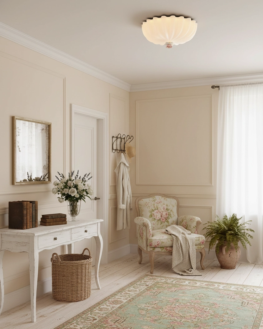 Compact white shell ceiling light in French country dressing room, demonstrating size and warmth in vintage interior design space