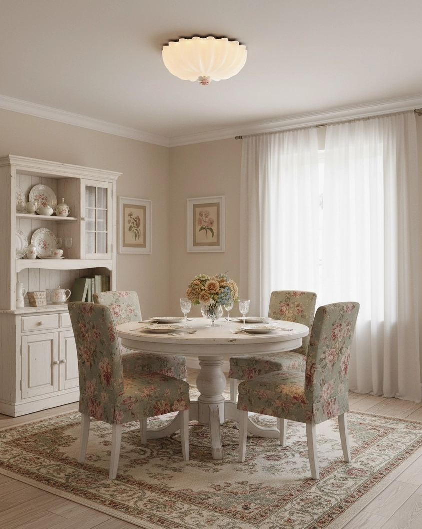 Modern shell ceiling light fixture in formal French dining room, providing elegant ambient lighting above sophisticated dining space