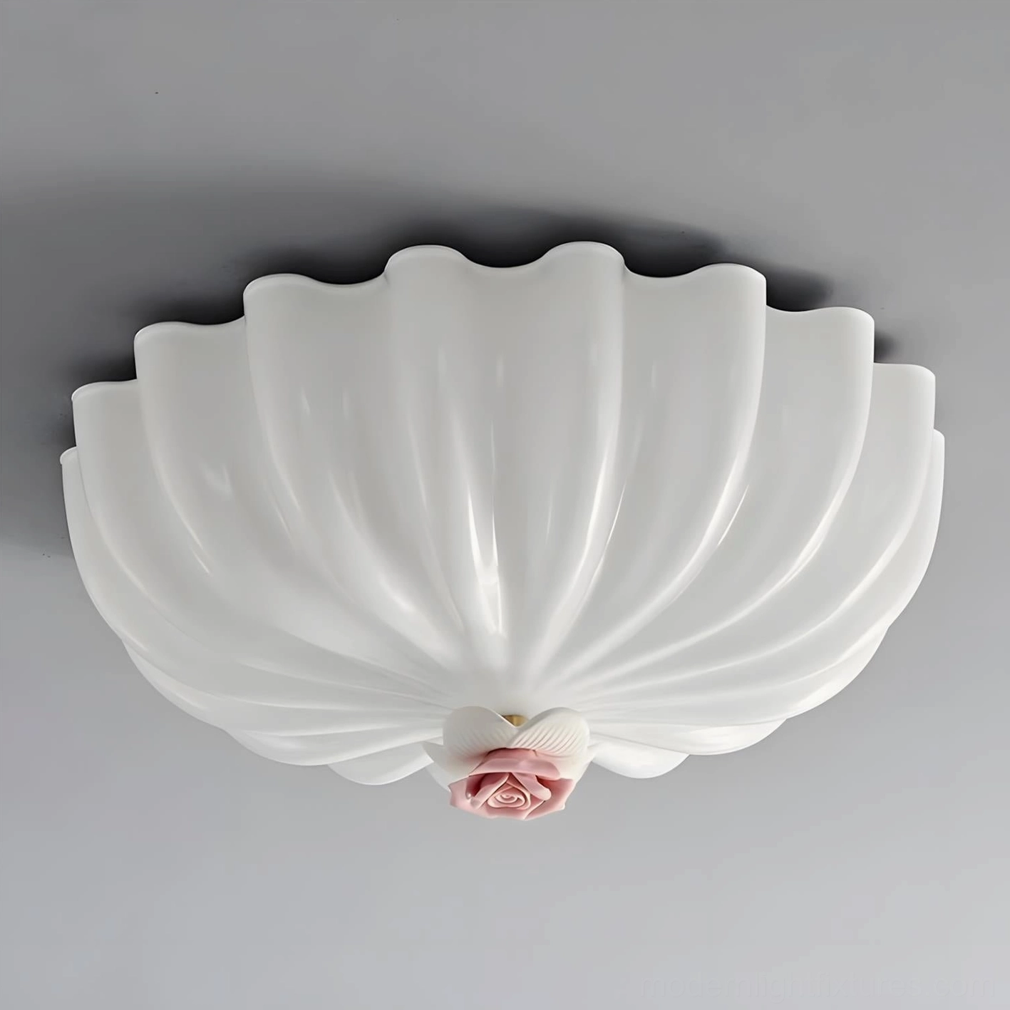 Belle Coquille 40cm diameter white shell ceiling light with pink rose center and warm white 3000K LED, product showcase