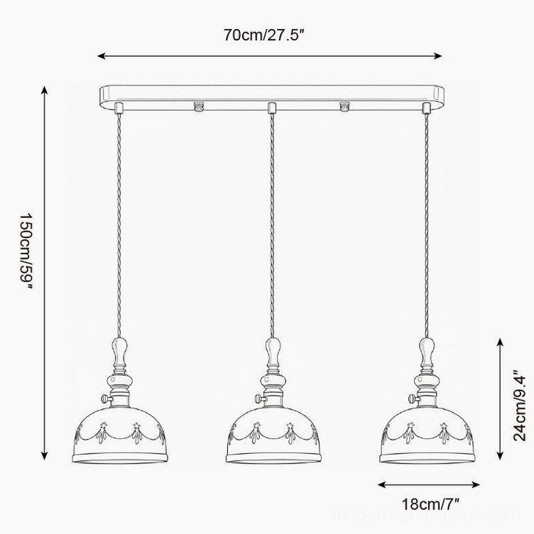 Three-head Belle Fleur pendant light assembly schematic 70cm ceiling plate 150cm drop height