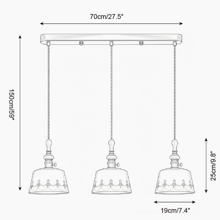 Three-head pendant light technical drawing with 70cm brass ceiling bar and 150cm hanging length